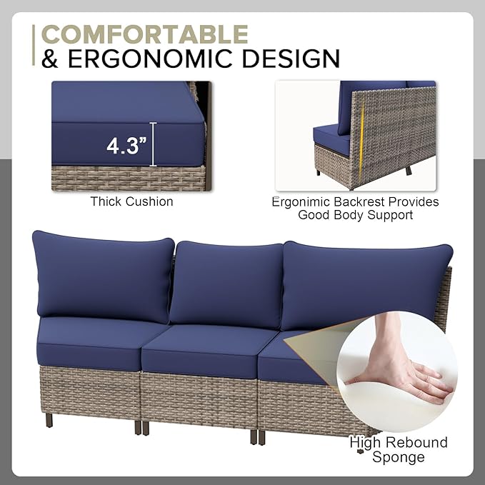 COOS BAY Aurora Terrace Half-Moon Outdoor Furniture Set, Rattan Conversation Set with Curved 5-Seat Sofa, Coffee Table, Seats 5, Beige/Blue