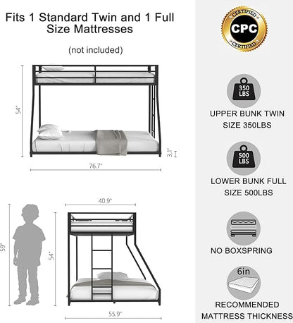 Twin Over Full Bunk Bed for Adults with Stairs Flat Rungs, Metal Bunk Beds Twin Over Full Size for Teens Dorm Bedroom Guest Room,Heavy Duty Bunk Beds with Ladder and Guardrail