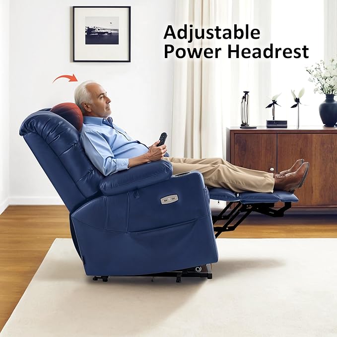 MCombo Triple Motor Power Lift Recliner Chair with Massage and Dual Heating, Adjustable Headrest for Elderly People, Faux Leather 7632 (Blue, Medium)