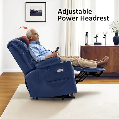 MCombo Triple Motor Power Lift Recliner Chair with Massage and Dual Heating, Adjustable Headrest for Elderly People, Faux Leather 7632 (Blue, Medium)