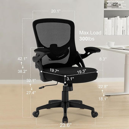 Office Chair Ergonomic, Comfy Desk Chair with Flip up Arms, Mesh Computer Chair with Adjustable Lumbar Support, Home Office Chairs 300 Lbs Capacity