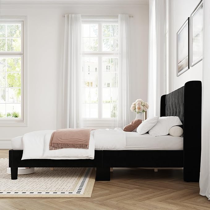 Novilla Queen Size Bed Frame, Queen Bed Frame with Headboard, Velvet Upholstered Pull-Point Wing Side Headboard, No Box Spring Needed, Heavy Duty Feet, Easy Assembly, Black Velvet