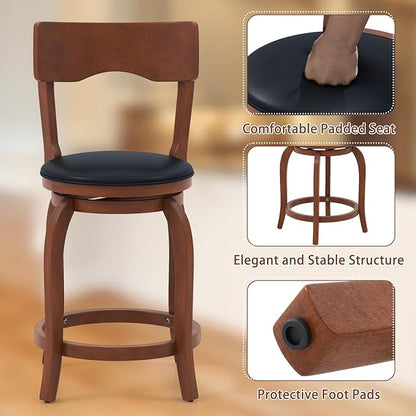 COSTWAY Bar Stools Set of 4, 24 Inch Swivel Counter Height Chairs with Rubber Wood Frame, Upholstered Seat, High Back Barstools for Kitchen Island, Home Bar, Pub, Brown (4, Seat Height: 24”)