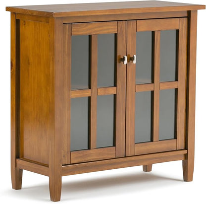 SIMPLIHOME Warm Shaker SOLID WOOD 32 inch Wide Transitional Low Storage Cabinet in Light Golden Brown for the Living Room, Entryway and Family Room