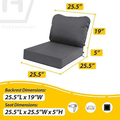 AAAAAcessories Outdoor Deep Seat Cushions, Waterproof, Fade-Resistant Patio Furniture Replacement Cushions, 25.5" x 25.5" x 5" + 25.5" x 19", Set of 2, Dark Gray