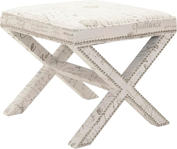 SAFAVIEH Home Collection Palmer Eggshell & French Writing with Silver Nailhead Trim X-Bench Ottoman Foot Stool, Fully Assembled (MCR4589J)