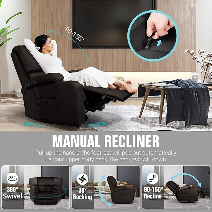 Rocking Recliner Chair, Massage Rocker Recliner Chair with Vibration Massage and Heat,360° Swivel Recliner Chairs, Living Room, Bedroom, Nursery, RV, Brown