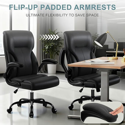 Executive Office Chair, High Back Ergonomic Comfy Desk Chair with Padded Flip-up Armrests and Wheels, PU Leather Heavy Duty Computer Swivel Rolling Task Chair for Home Office, Adults, Black