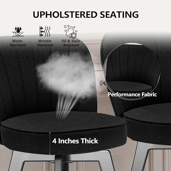 MINCETA Bar Stools Set of 2, 26 Inch Upholstered Barstools with Backrest and Footrest, Swivel Counter Height Barstools for Kitchen Island Home Bar Black