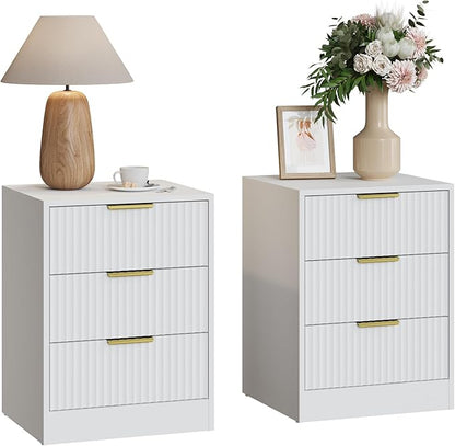 3-Piece Modern Bedroom Furniture Set, Wide 6-Drawer Dresser & 3-Drawer Nightstands Set of 2, Natural Wood Dresser and Nightstand Sets for Bedroom, Hallway, White