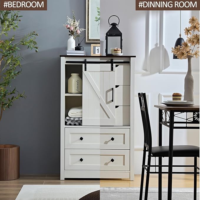White Dresser for Bedroom with 5 Drawers, 48" Tall w/Sliding Barn Door, Farmhouse 5 Chest of Drawers for Bedroom, Hallway, Living Room, Dining Room, Antique White