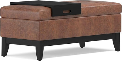 SIMPLIHOME Oregon 42 inch Wide Transitional Rectangle Storage Ottoman Bench with Tray in Distressed Saddle Brown Vegan Faux Leather, Assembled, For the Living Room, Entryway and Family Room