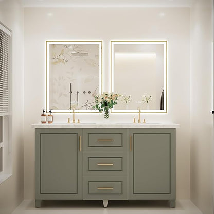 LED Bathroom Mirror, 28x36 Inch Frontlit & Backlit Gold Framed Lighted Mirror,Wall Mouted Vanity with Lights,Double Lights Strips,Anti Fog Stepless 3 Colors Temperature & Dimmable