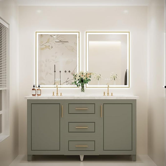 LED Bathroom Mirror, 28x36 Inch Frontlit & Backlit Gold Framed Lighted Mirror,Wall Mouted Vanity with Lights,Double Lights Strips,Anti Fog Stepless 3 Colors Temperature & Dimmable