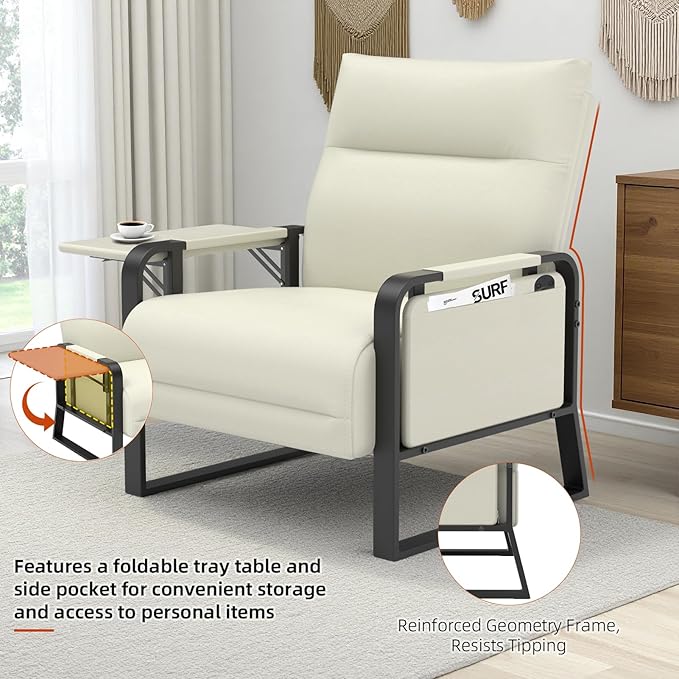 Upholstered Accent Chairs Set of 2, Modern Faux Leather Sofa Chairs with Foldable Side Tray Table & Storage Pocket, Small Accent Sofas for Living Room, Bedroom, Beige