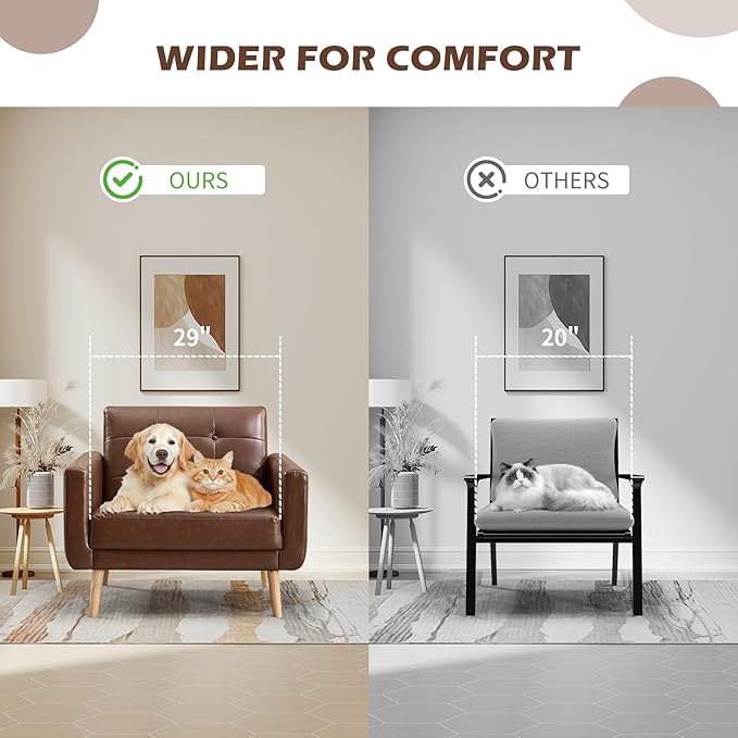 CANMOV 29" W Oversized Leather Accent Chair Set of 2, Armchair Button Back, Mid Century Modern Accent Chairs for Living Room, Modern Upholstered Bed Room Chair Cozy Armchair with Wood Legs, Brown