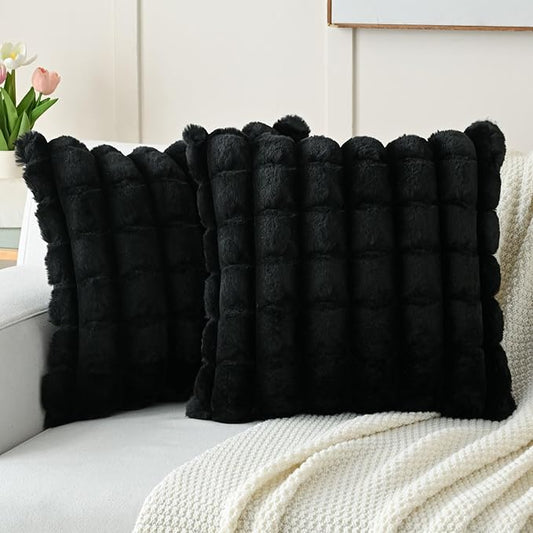 FUTEI Black Decorative Throw Pillow Covers 18x18 Inch Set of 2, Square Soft Faux Rabbit Fur Thick Plaid Cushion Cover,Winter Home Decor for Couch Bed Living Room