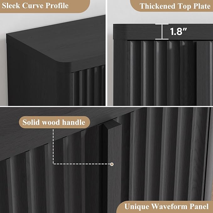 Fluted Buffet Cabinet with Storage, 60" Sideboard Buffet Cabinet with 4 Door, Modern Credenza Storage Cabinets with Adjustable Shelves, Solid Wood Handles for Kitchen, Dining, Living Room, Black(1PC)