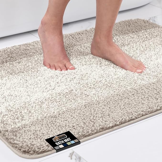 GORILLA GRIP Ultra Soft Plush Bathroom Rugs with Textured Rubber Backing, 34 x 24 Absorbent Quick Dry Bath Mat, Machine Washable Shower Mats, Home Décor Accessories Bathmat Rug Essentials, Beige