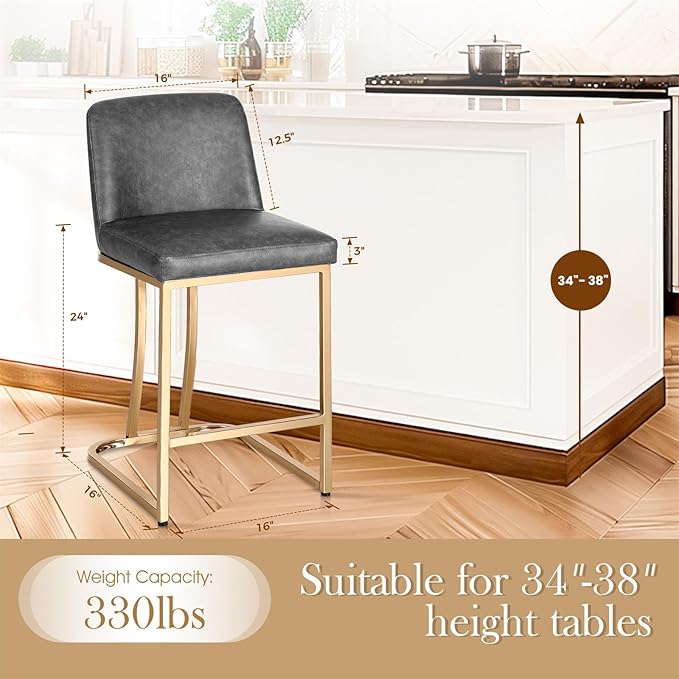 Sophia & William Counter Height Bar Stools, 24" Bar Stools with Back for Kitchen Counter, Modern PU Leather Kitchen Counter Stools,Grey Gold