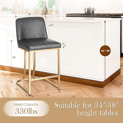Sophia & William Counter Height Bar Stools Set of 4, Gold Bar Stools for Kitchen Island, Modern PU Leather Counter Stools,Grey & Gold