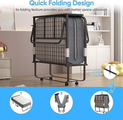 Mjkone Folding Bed with Mattress, Rollaway Bed for Adults with Headborad & Dustproof Bag, 5 Inch Portable Fold Up Bed for Guests with Casters, Foldable Frame, Space Saving for Bedroom（75" x 38"）