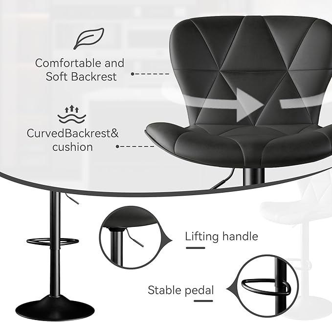 Bar Stools Set of 6,Adjustable Swivel Barstools, Faux Leather Bar Chairs,Upholstered Counter Height with High Backrest for Kitchen Island, Black