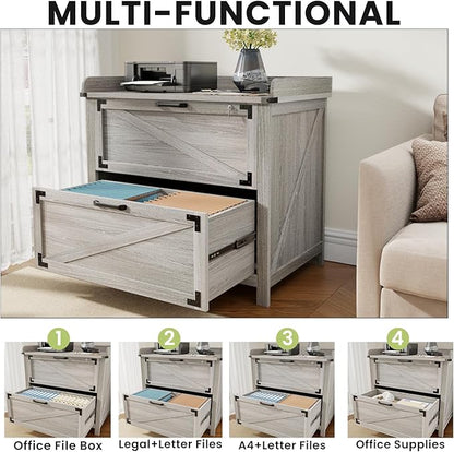 2 Drawer File Cabinet with Lock, Modern Farmhouse Filing Cabinet for Legal/Letter/A4 Size Hanging Files, Large Wood File Cabinets for Home Office