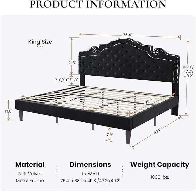 SHA CERLIN King Size Platfrom Bed Frame with Adjustable Headboard/Velvet Upholstered Diamond Button Tufted and Metal Studs/No Box Spring Needed/Easy Assembly/Wooden Slat Support/Black