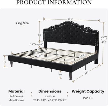SHA CERLIN King Size Platfrom Bed Frame with Adjustable Headboard/Velvet Upholstered Diamond Button Tufted and Metal Studs/No Box Spring Needed/Easy Assembly/Wooden Slat Support/Black