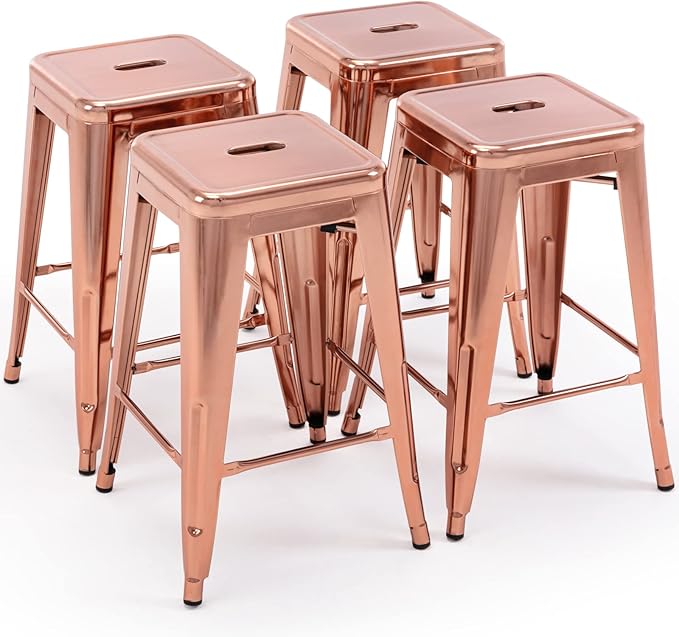 Vogue Furniture Direct 24" Bar Stools Backless Metal Barstools Indoor-Outdoor Counter Height Stools with Square Seat, Set of 4 (Rose Gold)