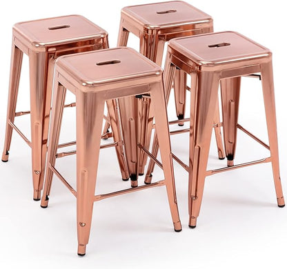 Vogue Furniture Direct 24" Bar Stools Backless Metal Barstools Indoor-Outdoor Counter Height Stools with Square Seat, Set of 4 (Rose Gold)