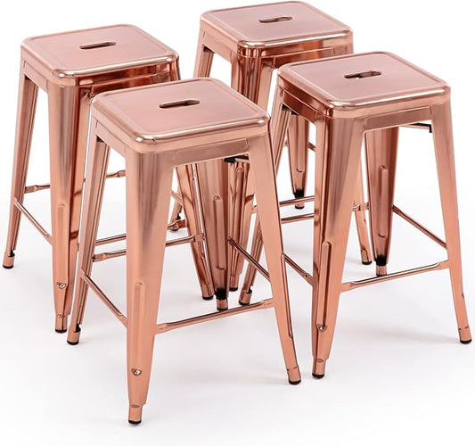 Vogue Furniture Direct 24" Bar Stools Backless Metal Barstools Indoor-Outdoor Counter Height Stools with Square Seat, Set of 4 (Rose Gold)