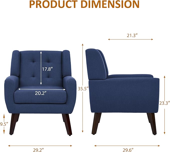 Accent Chairs Set of 4, Mid-Century Modern Upholstered Armchair, Comfy Fabric Living Room Chairs Reading Chairs with Button Tufted Back & Solid Wood Legs for Bedroom, Office, Blue