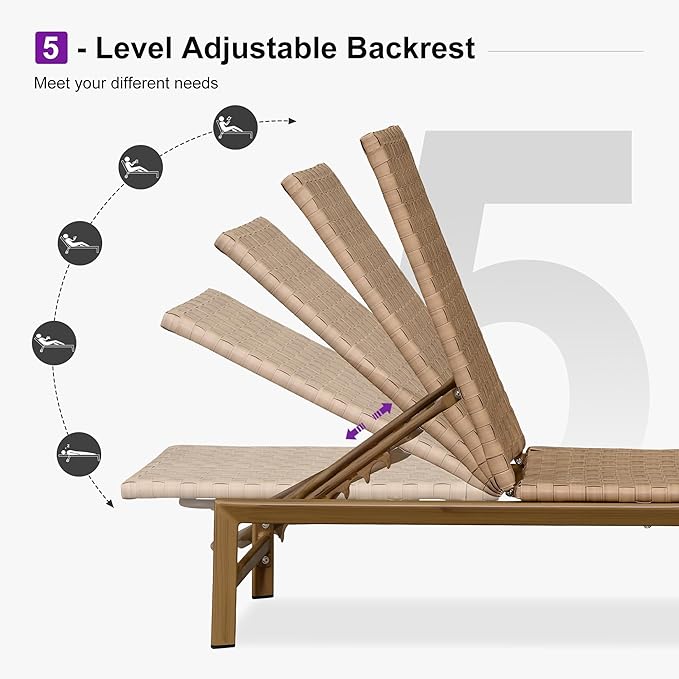 PURPLE LEAF Patio Oversized Chaise Lounge Rattan Chair Set of 2 Outdoor Pool Adjustable Recliner Wicker Chairs for Outside Woven Furniture Tanning Poolside Lounger Sand Brown