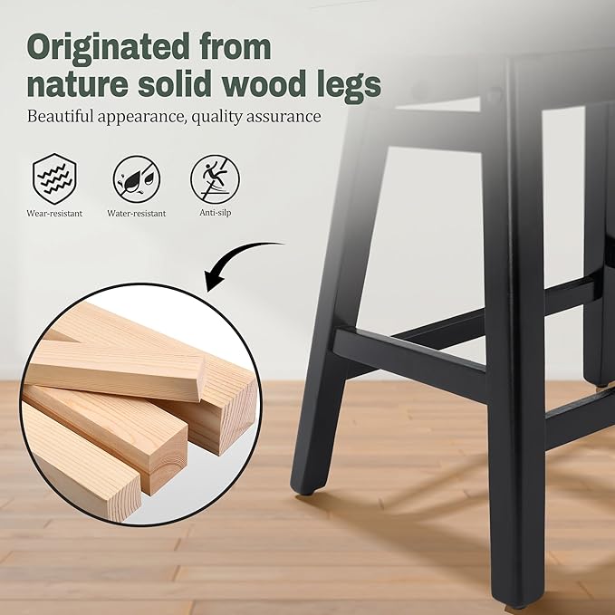 Counter Height Black Bar Stools Set of 6 for Kitchen Counter Farmhouse Modern Barstools with Faux Leather Upholstered Backless Seat and Solid Wood Legs 24 inch Bar Chairs