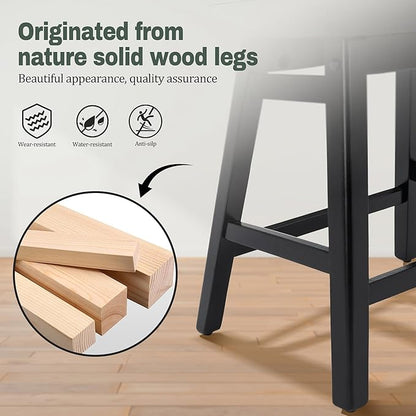 Counter Height Black Bar Stools Set of 3 for Kitchen Counter Farmhouse Modern Barstools with Faux Leather Upholstered Backless Seat and Solid Wood Legs 24 inch Bar Chairs