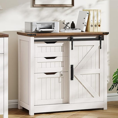 Vabches Lateral File Cabinets with Adjustable Shelf, Farmhouse Filing Cabinet with Lock for Home Office, Filing Organization Storage Cabinets with Sliding Barn Door for Hanging Files Letter/A4.(White)