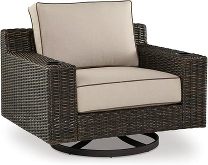 Signature Design by Ashley Coastline Bay Casual Outdoor Swivel Lounge with Cushion and 2 Cup Holders, Nuvella Weather Resistant Fabric, Beige & Dark Brown