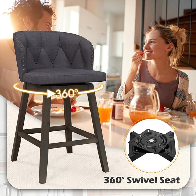 COSTWAY Counter Height Bar Stools Set of 2, Fabric Upholstered Island Stools with 360° Swivel Seat & Button-Tufted Back, Modern Pub Stools with Solid Rubber Wood Frame (Grey,2)
