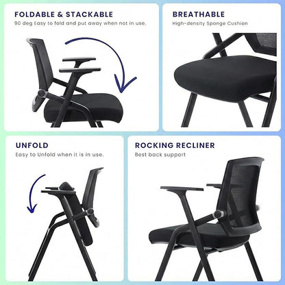 4 Pack Stackable Conference Room Chairs with Paddle Folding Office Chair Foldable Desk Chair Mesh Back and Arms for Conference Meeting Guest Reception Home Office Training Room Chair Black