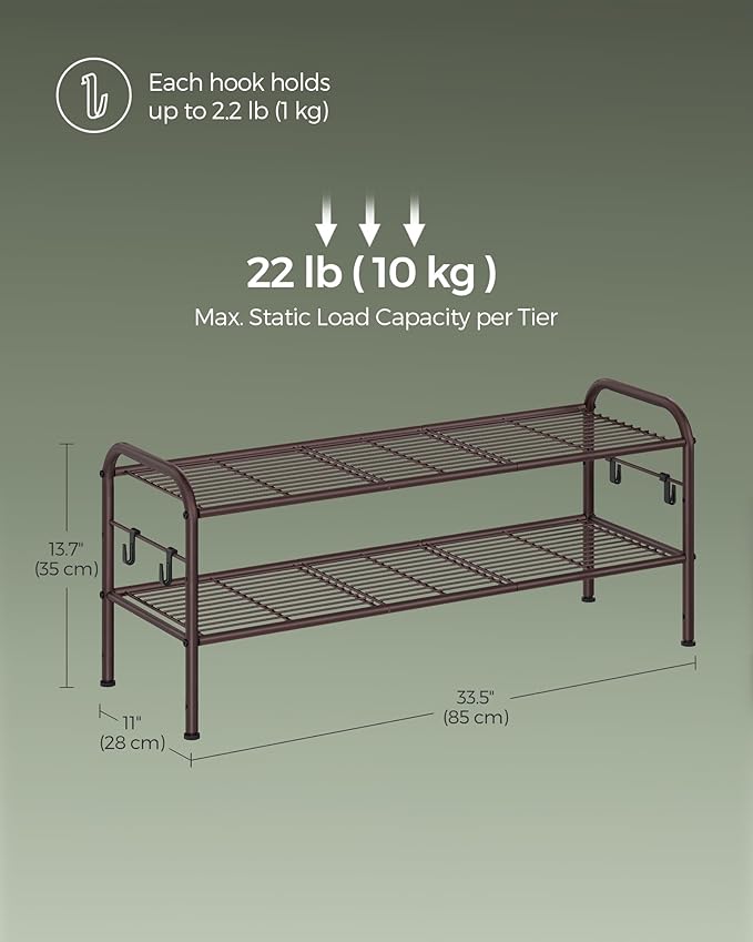 SONGMICS 2-Tier Shoe Organizer, Metal Shelf Storage With 4 Side Hooks, Holds 10 Pairs, Height-Adjustable Rack for Entryway, Hallway, Closet, Easy Assembly, Chestnut Brown