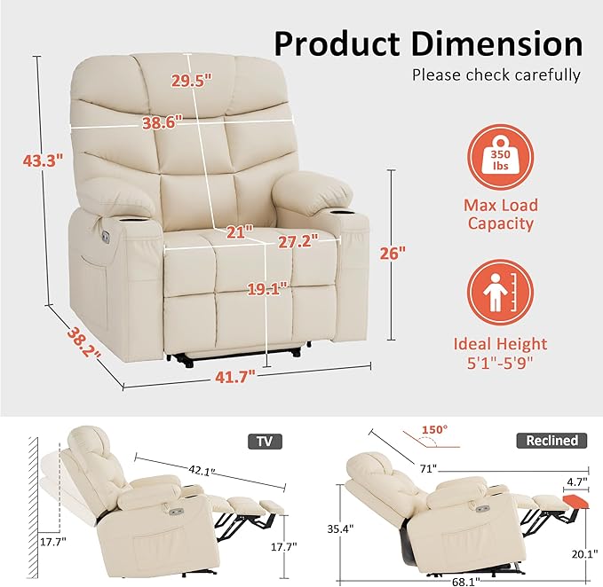 MCombo Oversized Power Lift Recliner Chair with Extended Footrest for Elderly People, Faux Leather R7289 (Cream White, Oversize)