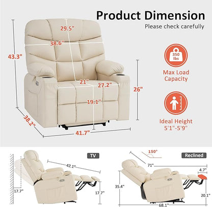 MCombo Oversized Power Lift Recliner Chair with Extended Footrest for Elderly People, Faux Leather R7289 (Cream White, Oversize)