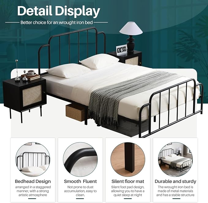 PINJU Metal Platform Bed Frame with Headboard and Footboard, Classic Style, Sturdy Metal Slats, No Box Spring Needed, Easy Installation (Black, King)
