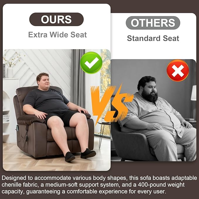 Oversized Lift Recliner Chairs for Elderly, 26in Extra Wide Power Chair with Massaga and Heating, Large Electric Lay Flat Recliners Sofa for Big and Tall Adult Lounging, Velvet Dark Brown