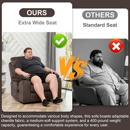 Oversized Lift Recliner Chairs for Elderly, 26in Extra Wide Power Chair with Massaga and Heating, Large Electric Lay Flat Recliners Sofa for Big and Tall Adult Lounging, Velvet Dark Brown