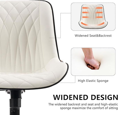 YOUNIKE White Ergonomic Home Office Desk Chair No Arms Comfy Small Criss Cross Chair with Wheels Swivel Adjustable Modern Vanity Chair with Back Armless Cute Leather Upholstered Rolling Task Chair