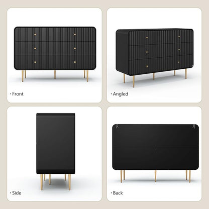 HLR Black Dresser for Bedroom,48'' Wide Wood Chests of Drawers,Modern Fluted 6 Drawer Dresser with Gold Metal Handles,Clothes Deep Drawer Dressers Storage for Living Room,Hallway
