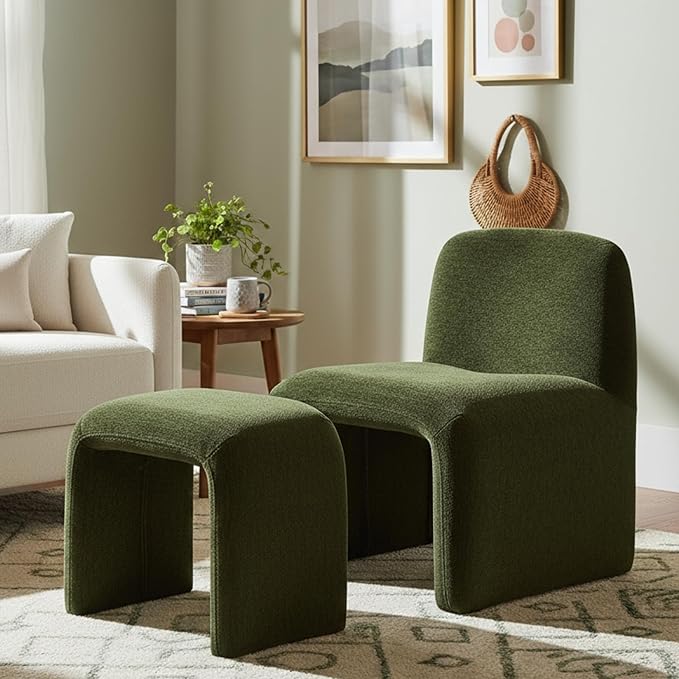 Accent Reading Chair with Ottoman, Chenille Upholstered Comfy Armless Accent Chair with Footrest Modern Side Lounge Chair for Living Room Bedroom, Moss Green
